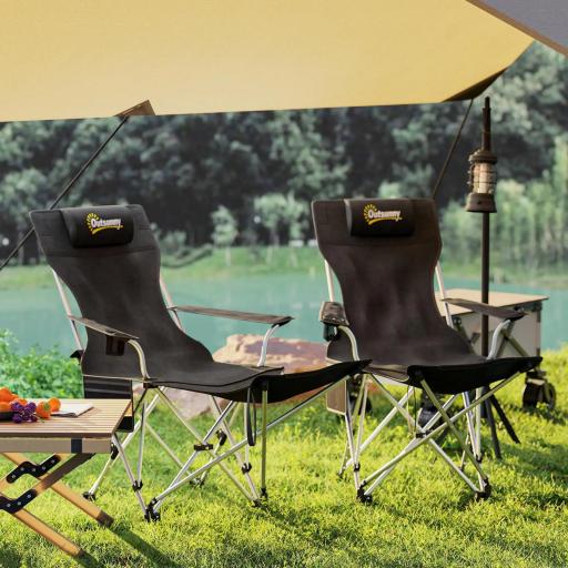 Conjunto de 2 Sillas Plegables Camping con Reposapiés Desmontable Reposacabezas Portavasos y Bolsa 125x48x90 cm Negro [5]