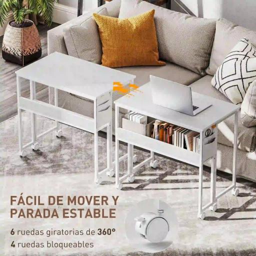 Escritorio Plegable con Ruedas Balda y Bolsillo de Almacenaje Ideal para Espacios Pequeños 80x50x75 cm Blanco [5]