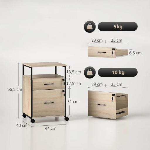 Cajonera de Oficina Cajonera para Escritorio con 2 Cajones y Ruedas para Tamaño Carta A4 44x40x66,5 cm Tono Madera [1]