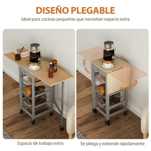 Carrito Auxiliar Plegable Carrito de Cocina con 6 Ruedas 1 Cajón y 3 Cesta de Metal 97,2x37x77,5 cm Gris y Roble [2]