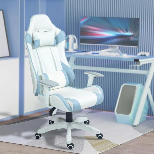 Silla Gamer con Cojín Lumbar Reposabrazos Ajustable Reposacabezas Extraíble y Altura Ajustable 67x60x120-128 cm Azul