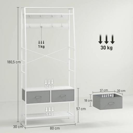 Perchero Zapatero con Zapatero Ganchos Cajones Barra y Eatante para Entrada Pasillo Salón 80x30x180,5 cm Blanco [4]