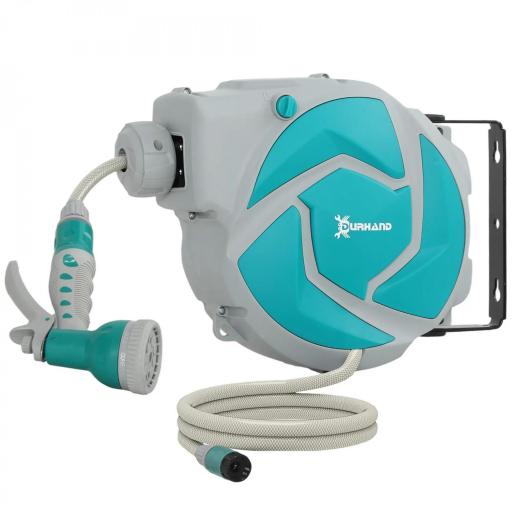 Manguera Retráctil de Pared con Carrete de 10+1 m con Retorno Enrollado Automático y Boquilla de 7 Funciones Gira 180° [1]