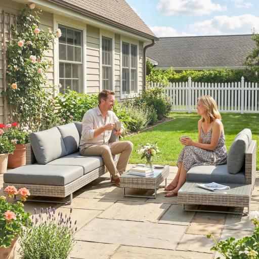 Conjunto de Jardín Exterior de Ratán de 3 Piezas con Sofá Modular de 3 y 2 Plazas Mesa Lateral Mesa de Centro Cojines [4]