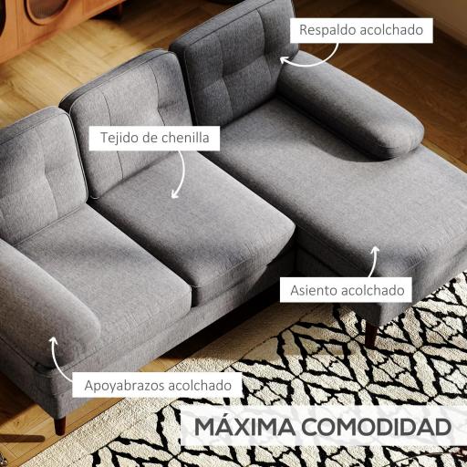 Sofá Esquinero de 3 Plazas Tapizado en Chenilla en Forma de L con Patas de Madera y Reposabrazos 215x142x88 cm Gris [4]