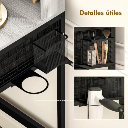 Tocador de Maquillaje con Espejo Tríptico Desmontable Taburete 3 Cajones de Tela Soporte para Secador de Pelo Gris [5]