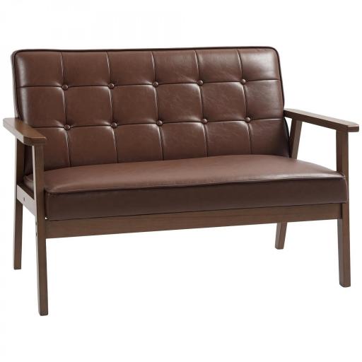 Sofá de 2 Plazas Tapizado en PU con Reposabrazos de Madera Respaldo Acolchado Carga 250 kg Marrón [5]