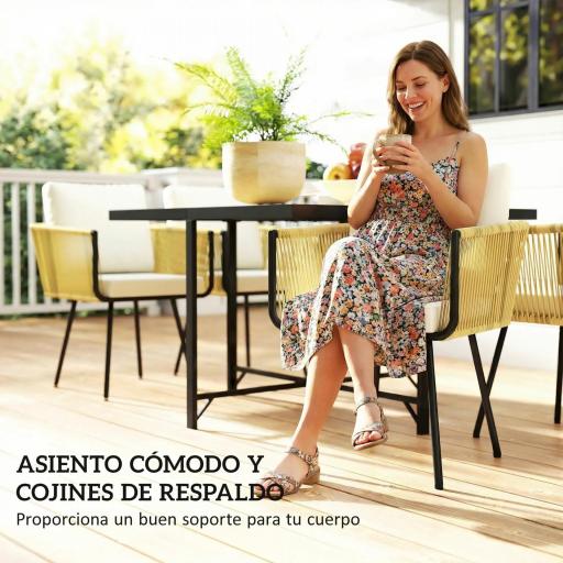 Conjunto de Mesa y Sillas Jardín de Ratán 5 Piezas con Mesa de Plástico-Madera 4 Sillas con Cojines Extraíbles Beige [6]