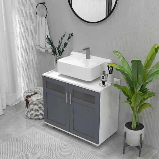 Mueble para Debajo del Lavabo Armario de Baño Bajo Lavabo con 2 Puertas de Vidrio Templado 69x35x59 cm Blanco y Gris [8]