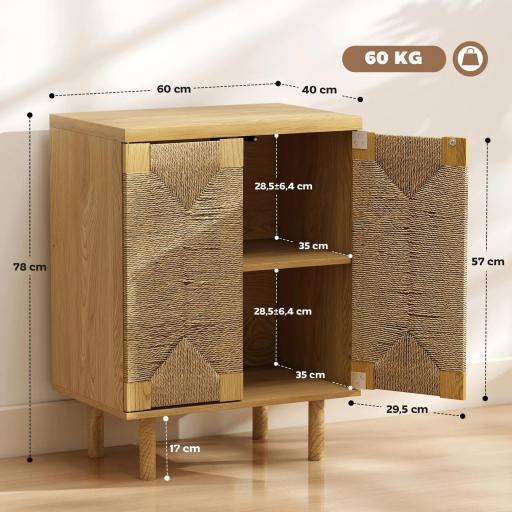 Aparador Bohemio de 2 Puertas con Cuerda Tejida a Mano Estante Ajustable Apertura por Presión Roble 60x40x78 cm [1]