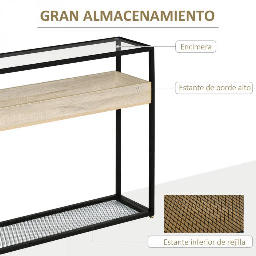 Mesa Consola de Entrada 108x28x85 cm Mueble Recibidor con Encimera de Cristal Estante y Rejilla Inferior Marco de Acero para Pasillo Salón Extremo del Sofá Negro [2]