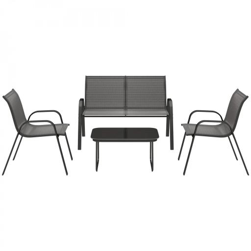 Conjunto de Muebles de Jardín de 4 Piezas con 2 Sillas Apilables y Banco de 2 Plazas con Mesa de Café de Vidrio Negro [7]