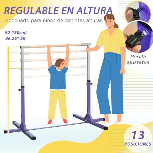 Barra de Gimnasia para Niños +3 Años Barra de Entrenamiento Altura Ajustable 92-150 cm Carga 75 kg 194x121x150cm Violeta [2]