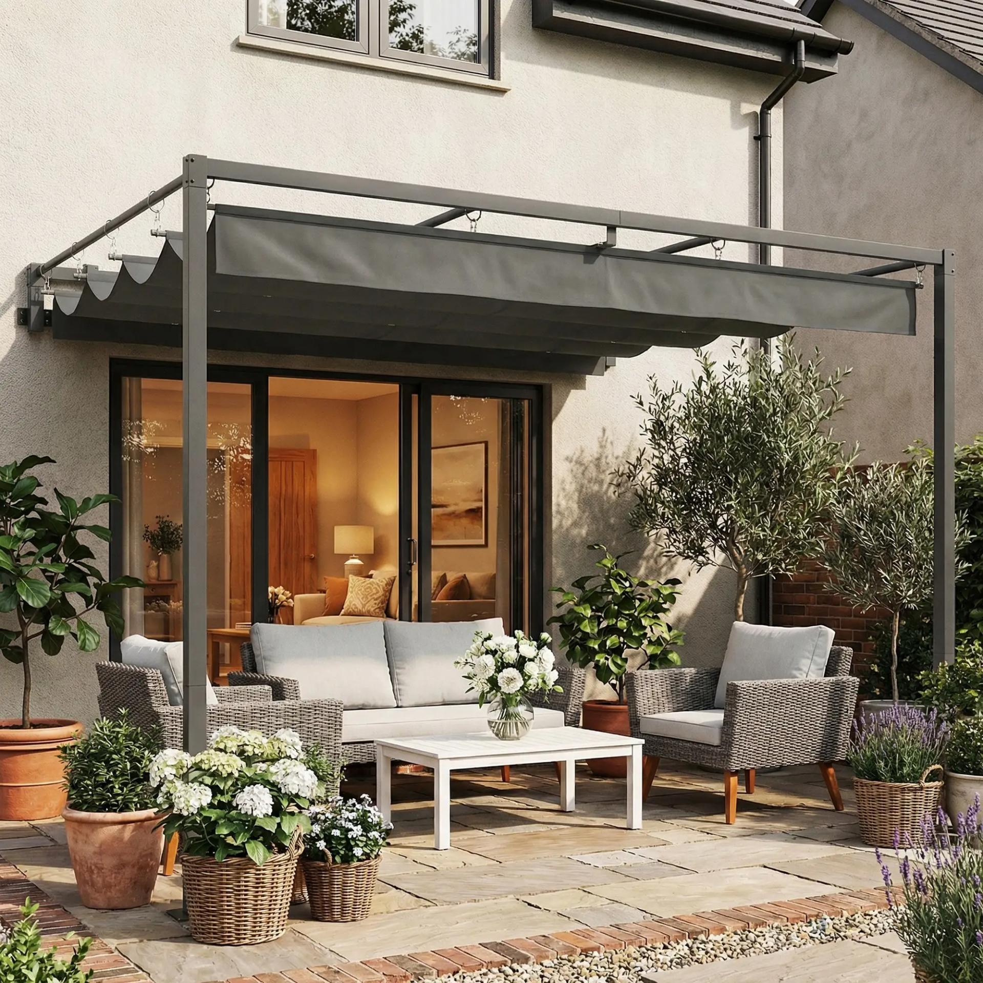 Pérgola de Pared de Jardín 3x3 m con Techo Retráctil Protección UPF30+ Drenaje Cenador de Jardín para Exterior Gris