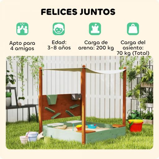 Arenero para Niños de Madera con Techo Arenero Infantil con 2 Asientos 2 Cajas Grifo Embudo 116x112,5x128 cm Verde [4]