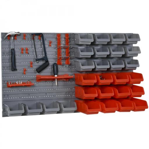 Estantería de Pared para Herramientas de 44 Piezas 95x54 cm con 28 Cajas Apilables y Diferentes Ganchos Gris y Rojo [6]