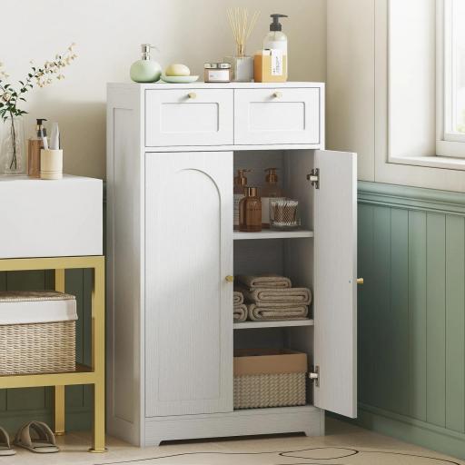 Armario de Baño Estrecho con 2 Cajones Estante Abierto y Puerta con Panel Arqueado 60x30x108 cm Blanco Veteado