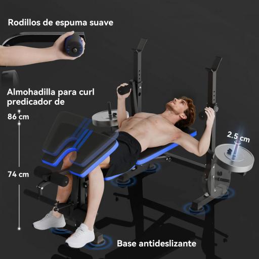 Banco de Musculación con Respaldo Ajustable y Soporte para Barras Regulable para Entrenamiento en Casa Gimnasio Negro [4]