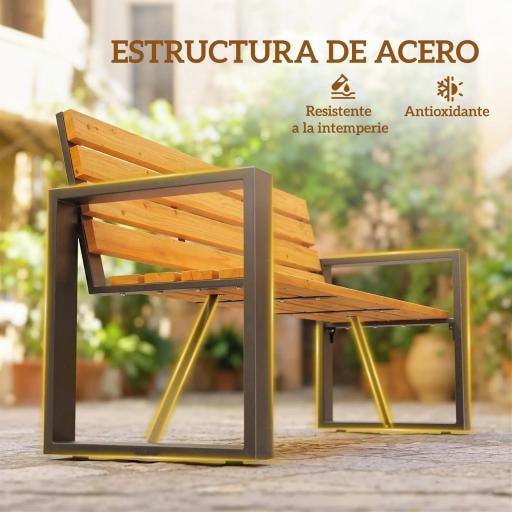 Banco de Jardín Exterior de 2 Plazas con Respaldo y Asiento Listonado de Madera Marco de Acero 136x54x82 cm Natural [5]