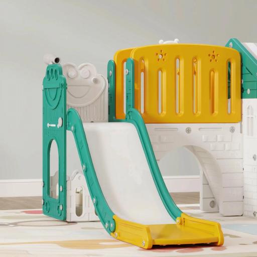 Tobogán Infantil 7 en 1 con Caseta Escalera Aro de Baloncesto Túnel Pizarra Telescopio para Interior Amarillo y Verde [2]