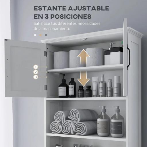 Mueble sobre Inodoro con 2 Puertas Estantes Abiertos y Estante Ajustable Mueble para Baño 66x23x178 cm Blanco [5]