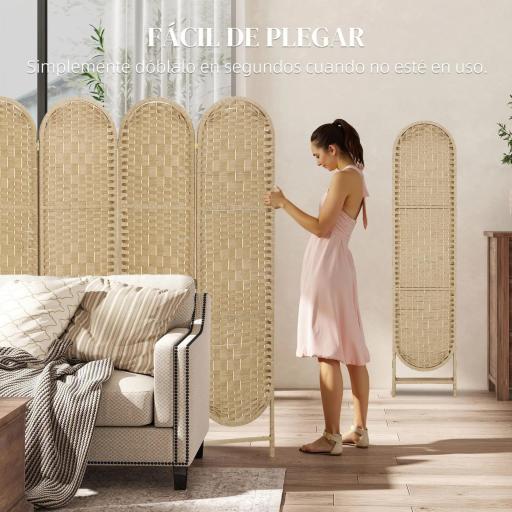 Biombo Separador de Ambientes 4 Paneles 160x170 cm con Parte Superior Arqueada Tejido a Mano Divisor Plegable Natural [5]