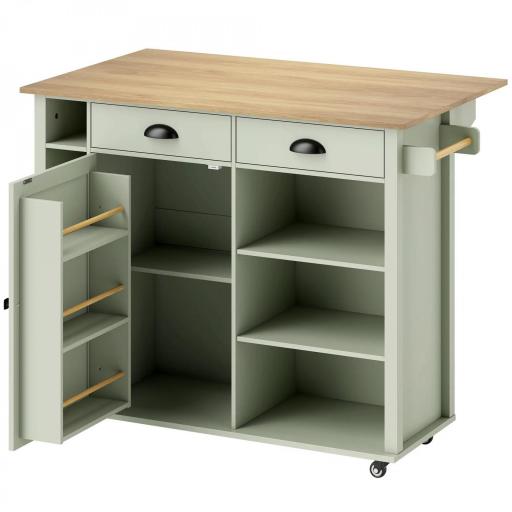 Isla de Cocina con Ruedas Tapa Abatible Especiero Toallero Armario 2 Cajones 117,5x70x91 cm Verde Claro [9]
