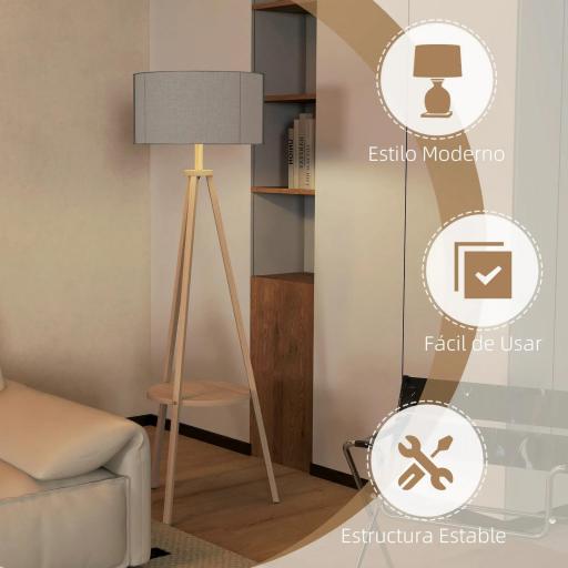 Lámpara de Pie Tipo Trípode con Estructura de Madera Natural y Pantalla de Tela Gris con Estante Integrado 48x48x153 cm [2]