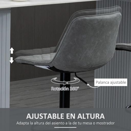 Juego de 2 Taburetes de Bar Giratorios Altura Ajustable 86-106 cm Tapizada en Cuero Sintético Respaldo y Reposapiés Gris [5]