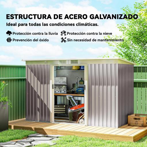 Caseta de Jardín Exterior 3,2 m² 280x130x172 cm Cobertizo de Jardín con Puertas Correderas y Ventilaciones Gris Claro [4]