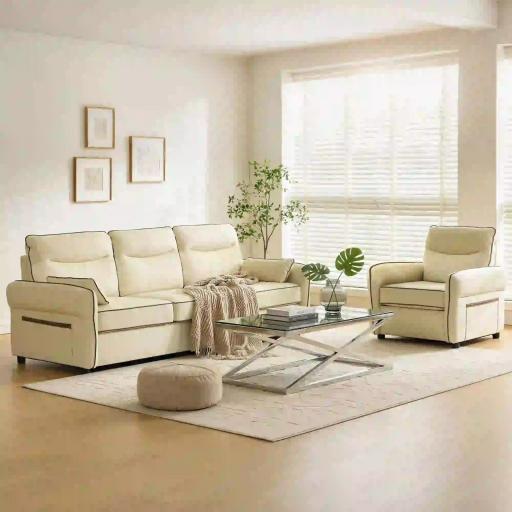 Butaca de Salón Tapizada en Cuero Sintético Sillón Relax con Reposabrazos Acolchado Grueso para Dormitorio Beige [7]