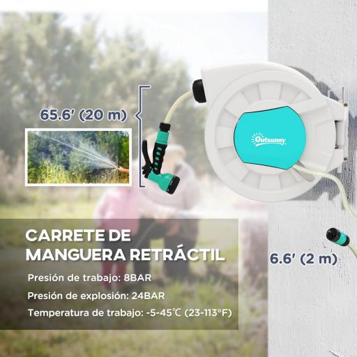 Carrete de Manguera Retráctil 20 +2 m con Soporte Boquilla de 7 Funciones y Bloqueo Retorno Automático Gris [2]