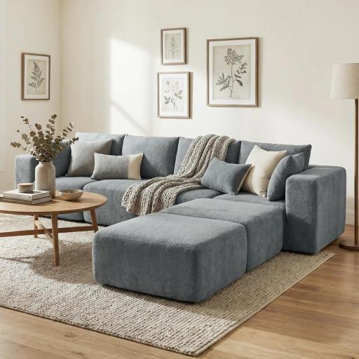 Sofá Seccional en Forma de U Sofá Modular con 2 Taburetes 2 Almohadas Reposabrazos Anchos sin Montaje Gris [4]