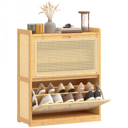 Zapatero Estrecho de Bambú con 2 Cajones Abatibles de Ratán para 12-14 Pares de Zapatos 69x29x83 cm Natural [8]