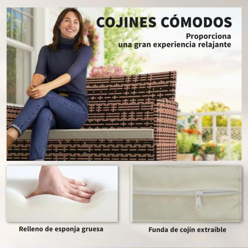 Sofá Exterior de Ratán de 2 Plazas Sofá Exterior de Jardín con Cojín Lavable Estructura de Acero para Balcón Caqui [4]