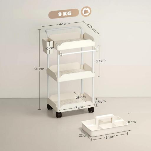 Carrito Auxiliar con Ruedas de 3 Niveles Carrito de Cocina con Cestas Extraíbles y Soporte para Toallas Blanco [1]