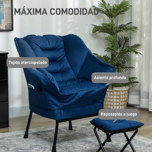 Sillón de Salón con Otomana Sillón de Relax con Bolsillos Laterales y Patas de Acero para Sala de Estar Dormitorio Azul [6]