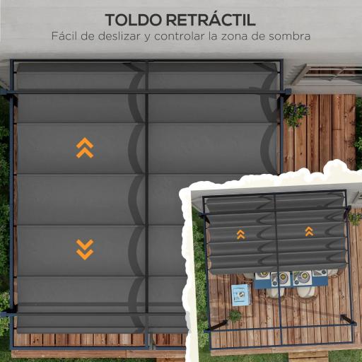 Cenador de Jardín 3x4 m con Techo Retráctil de Poliéster y 12 Orificios de Drenaje Pérgola para Terraza Gris Oscuro [5]