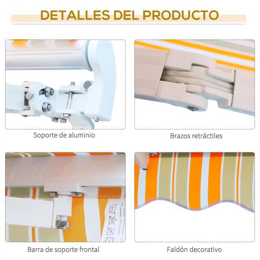 Toldo Manual Retráctil 300x250 cm, Toldo Exterior Terraza con Ángulo Ajustable, Brazo Articulado, Montaje a Pared, Estructura de Aluminio, Anti-UV e Impermeable, para Jardín Amarillo y Blanco [4]
