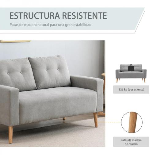Sofá de 2 Plazas con 2 Cojines Reposabrazos y Patas de Madera de Caucho para Dormitorio Oficina 145x76x88 cm Gris [5]