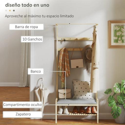 Perchero Zapatero con Banco Ganchos Zapatero y Compartimento de Almacenaje para Entrada 73,5x34x171 cm Gris y Natural [2]