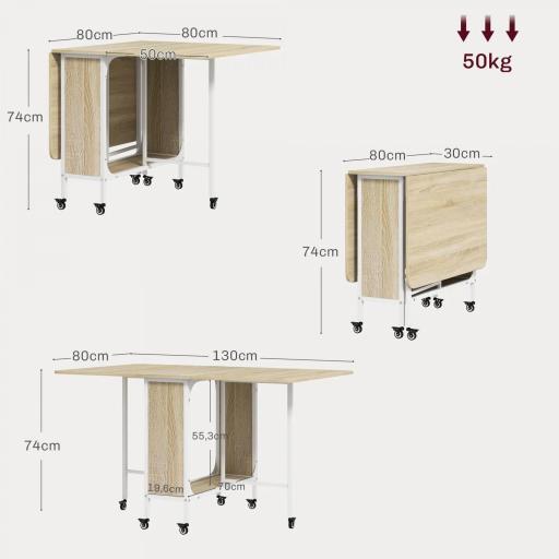 Mesa de Cocina Plegable con Ruedas Alas Abatibles y Estante Mesa Plegable para Salón 130x80x74 cm Madera Natural [1]
