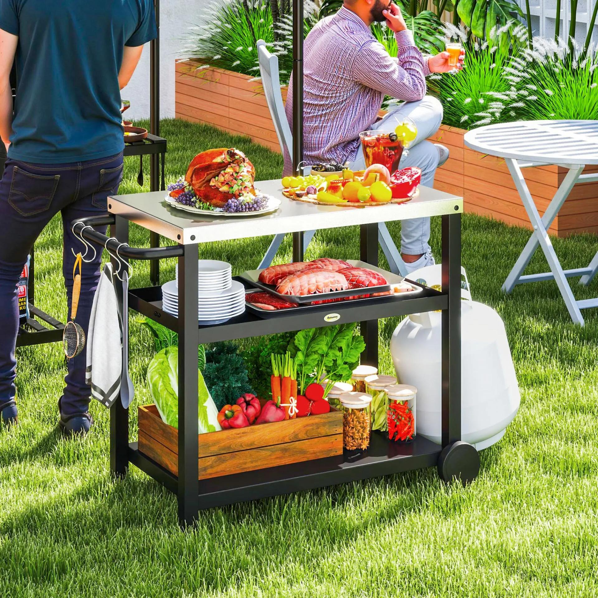 Carrito de Parrilla para Jardín o Terraza Carro de Servicio con Encimera Estantes y Ruedas para BBQ 102x50x81 cm Gris