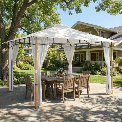 Carpa para Jardín con Techo Doble Cenador con Paredes de Malla UPF50+ para Exterior Terraza 360x300x275 cm Crema y Teca