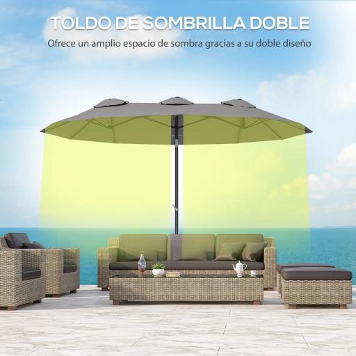 Sombrilla Doble de Jardín 295x152x222 cm con Inclinación de 45° y Manivela para Terraza Balcón Piscina Color Gris [4]
