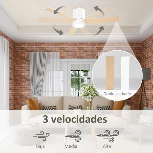 Ventilador de Techo Motor AC 48W con Luz LED Mando a Distancia 3 Velocidades y 3 Aspas de Madera Ø112x25 cm Blanco [6]