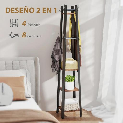 Perchero de Pie de 4 Niveles con 4 Estantes 8 Ganchos con Estructura Metálica para Colgar Ropa Sombrero Marrón Rústico [4]