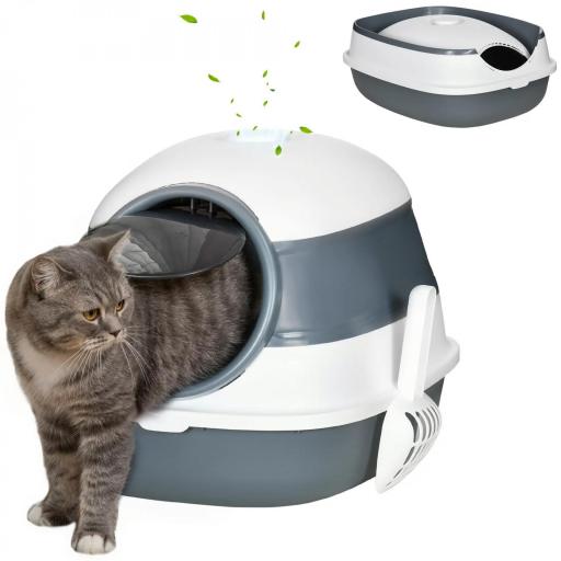 Caja de Arena para Gatos Plegable Arenero Cerrado para Gatos con Pala 52x41x38 cm Blanco y Gris [9]