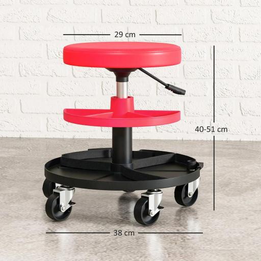 Taburete de Taller Giratorio con Ruedas Altura Ajustable de 40-51 cm y 2 Bandejas Carga 135 kg para Garaje Rojo [1]