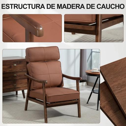 Sillón de Salón Tapizado en PU con Marco de Madera Cojines Acolchados Gruesos Marrón y Madera Nogal [3]